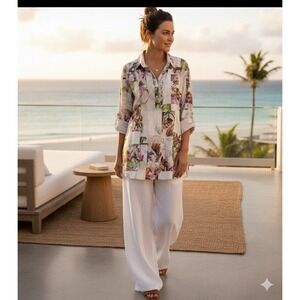 Georg‎ Roth Los Angeles Women XL Coastal Tropical Butterfly Patchwork Button Top